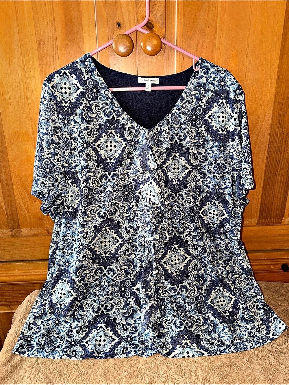 Croft & Barrow Paisley Ruffle Top in Blue & White Size 3X Like New